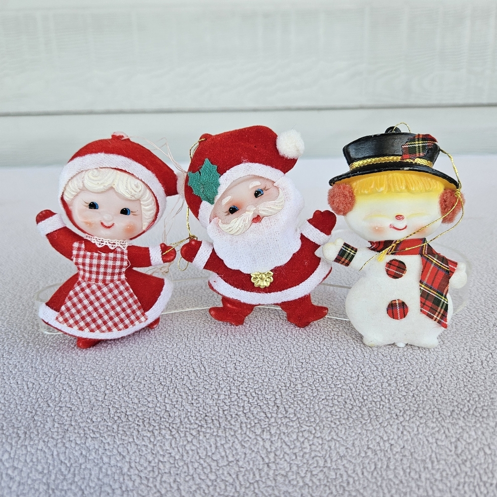 VTG Celluloid Flocked Mrs Santa Claus Snowman Hanging Ornament Set 3 MCM Kitsch